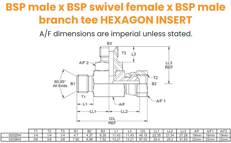 1/4 BSP M/F/M Tee Hexagon Insert On Branch Hydraulic Adaptor